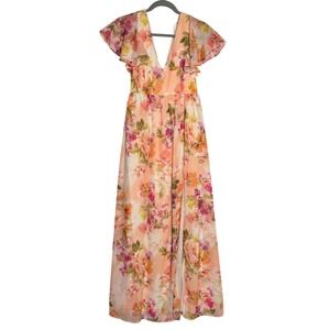 Birdy Grey Floral Chiffon Maxi Dress | Flutter Sleeve Deep V | Size M